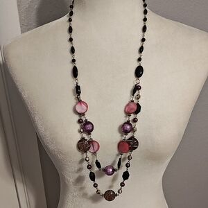 Purple And Black Beaded Double Chain Necklace
